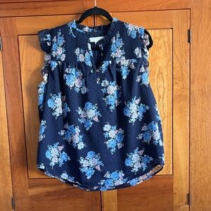 LOFT Navy Floral Ruffle Blouse